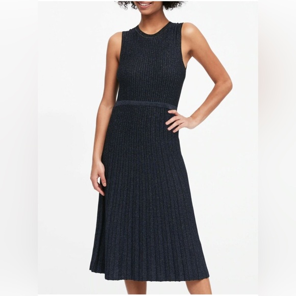 lustro metallic sweater dress Banana Republic Lustro Metallic Sweater Dress Navy Metallic Stripes Medium New